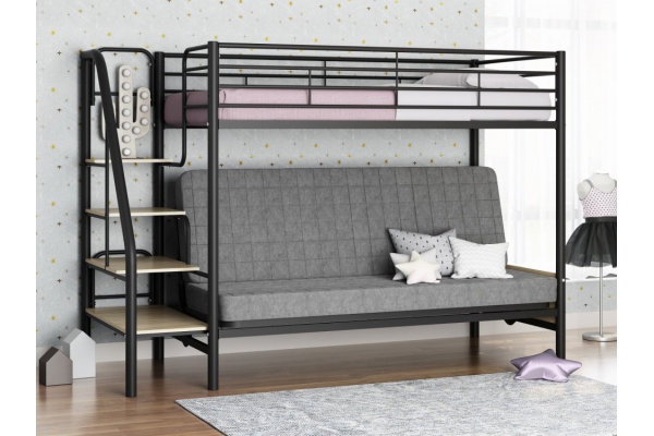 Двухъярусная кровать с диваном Мадлен 3 Черный-Серый